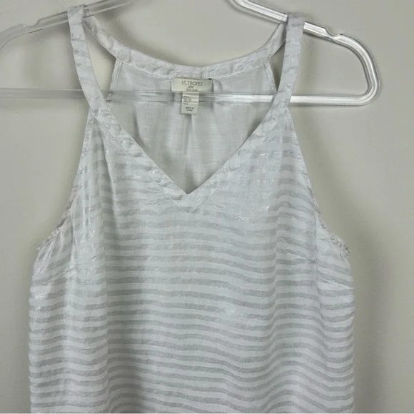St. Tropez West 100% Linen Women's white and silver metallic linen v-neck tank - Picture 2 of 8